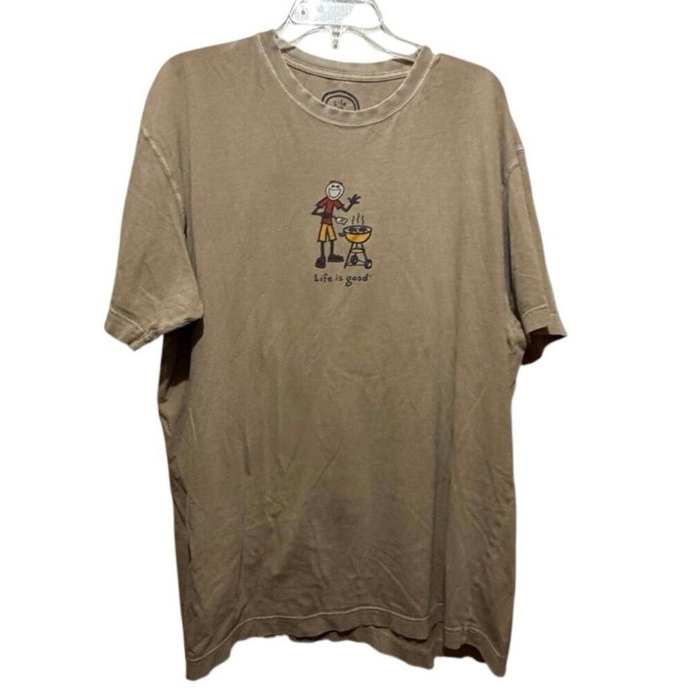 Life Is Good T Shirt Size XL Tan Short Sleeve Crew Neck BBQ Grill